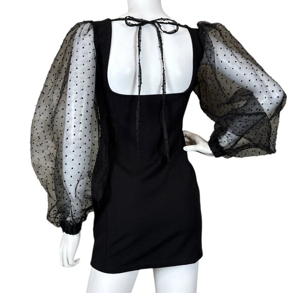 ASOS Design Swiss Dot Puff Sleeve Bodycon Cocktail Dress Black Petite UK 12 US 8 - Picture 2 of 9